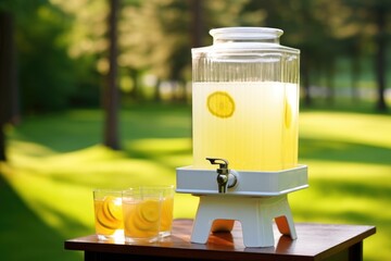 Canvas Print - homemade lemonade in a glass dispenser on grass