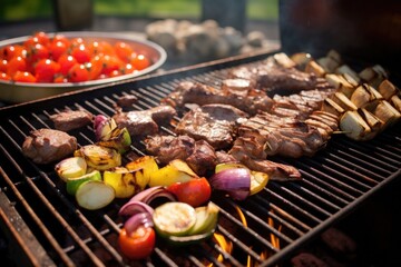 Poster - bbq grill cooking assorted meats on a sunny day