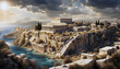 cinematic view of an ancient large greek city on the coast with a large acropolis building in the middle