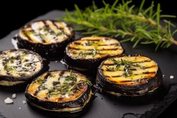 Wall Mural - close-up of grilled portobellos with fresh thyme on a black slate