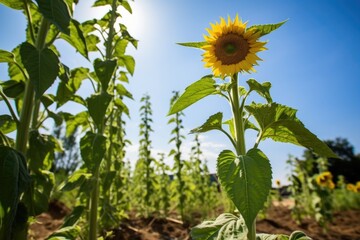 Poster - unusually tall sunflower thriving amidst shorter ones