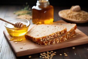 Wall Mural - freshly baked whole grain bread spread with honey on a kitchen counter