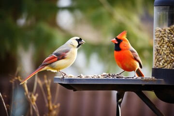 Wall Mural - one bird pecking at a full feeder while another watches from a distance