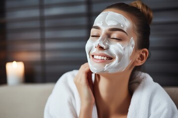 Wall Mural - a young girl applies a mask to her face. skin care, beauty and health. the girl made a face mask at 
