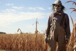 a scarecrow standing in a deserted field