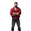 young adult lumberjack with red plaid shirt, standing full body, white background