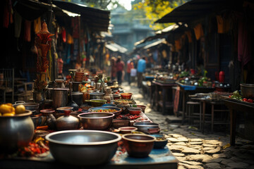 Canvas Print - A vibrant street market with colorful stalls, showcasing the diversity of small businesses and local entrepreneurship. Generative Ai.