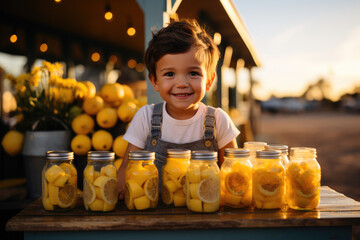 Poster - A young child setting up a lemonade stand, symbolizing the entrepreneurial spirit from an early age. Generative Ai.