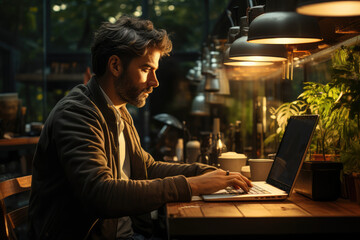 Canvas Print - A person sipping coffee in a cozy home office, promoting work-life balance and remote work opportunities. Generative Ai.