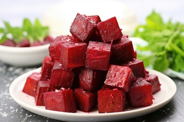 Poster - a mound of cubed roasted beets on a white circle plate