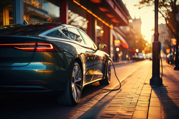 Canvas Print - An electric car charging at a station, promoting the shift towards sustainable transportation to reduce carbon emissions. Generative Ai.