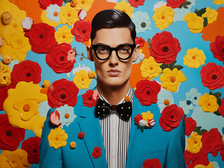 Wall Mural - Pop collage Illustration of a handsome male fashion model with sunglasses over scolorful and vibrant patterns and shapes, Fashion, pop art,	
