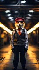 A red fox dressed up as a pilot in a suit and tie. Generative AI.