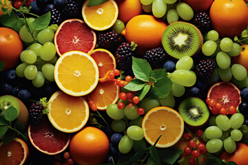 Wall Mural - Various fruits like grapes, apples, and citrus fruits make up a vibrant fruit-filled background, ideal for enhancing the visual appeal of your designs