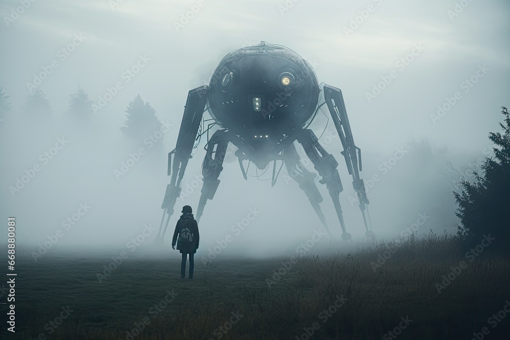 Man standing in front of giant alien spaceship in misty forest, On a ...