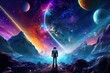 © Jahan Mirovi - Astronaut in space with planets and stars, 3D rendering, Astronaut cosmonaut stands on bridge of reflecting stars, billions of stars and galaxies. Discovering new worlds.