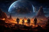 Astronauts in space, Science fiction illustration, a team of astronauts exploring alien planet, Huge city in the desert against the backdrop of an alien planet, spacemen