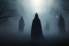 Halloween spooky background with ghosts and fog, 3d rendering, aliens, mysterious aliens in foggy and smoky surface, mysterious forest