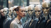 A Woman Standing In Front Of A Group Of Robots. Generative AI.