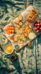 Sticker - A tray of fruit, crackers, and crackers on a picnic blanket. Generative AI.