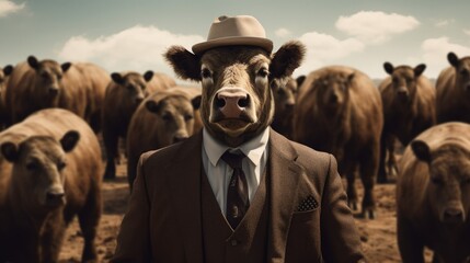 Poster - A bull in a suit and hat standing in front of a herd of cows. Generative AI.