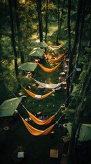 Poster - A group of hammocks in a forest. Generative AI.