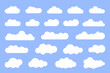 Set of cloud icons in trendy flat style isolated on blue background. Cloud icon, cloud shape. Collection of cloud icons, shapes, labels, symbols. Cloud symbol for your website design, logo, app, UI.