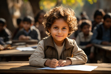 Canvas Print - A child from an underprivileged community receiving free education at a local school, illustrating the importance of access to quality education in poverty reduction. Generative Ai.