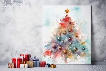 Wall Mural - Boxes with gifts under a Christmas tree painted on the wall with watercolors. Christmas greeting card. Generated by artificial intelligence