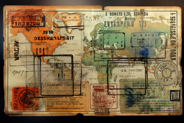 Sticker - A tourist ticket with a variety of entry and exit stamps, symbolizing the experiences and journeys of individuals in a world marked. Generative Ai.