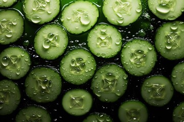 Wall Mural - Sliced cucumber with water drops, top view
