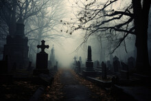 A Foggy Cemetery With A Path Leading Through It. The Path Is Lined With Old And Weathered Gravestones And Crosses