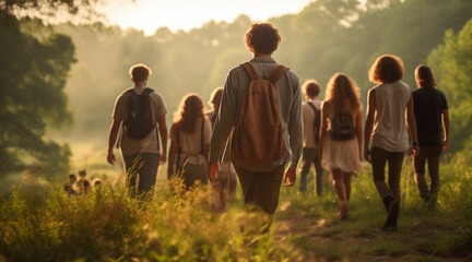 a group of unrecognizable teenagers walking together in nature at a summer camp