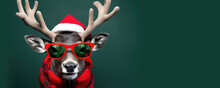 Reindeer With Glasses Wearing Santa Hat On Green Background
