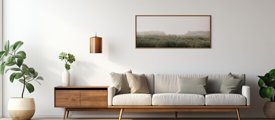 Canvas Print - Minimal design rendering of a white plaster wall with a TV cabinet living room sofa and accessories