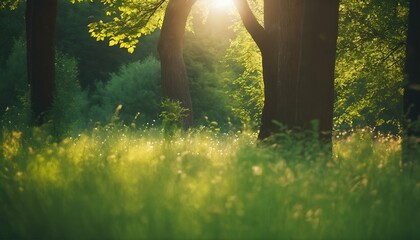 Wall Mural - Summer beautiful spring forest featuring defocused green trees, wild grass, and sun beams for perfect natural landscape background