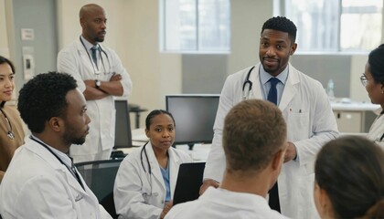 Poster - Diverse group of doctors in a multiethnic discussion about healthcare and patient care