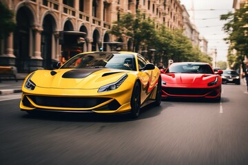 Two fast sports cars in a head-to-head race at daytime in a city.