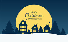 Winter Village In Paper Cut Style With Yellow Moon And Sleigh. Merry Christmas And A Happy New Year Card. Vector