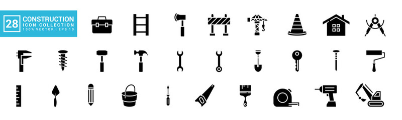 Collection of construction icons, home repair, building, carpentry tools, editable and resizable vector EPS 10