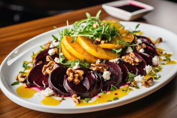 Wall Mural - The Art of Culinary Excellence: Roasted Beet Salad with Arugula and Goat Cheese Crumbles - A Delightfully Colorful Dish That Embodies the Freshness and Flavors of Fine Dining.




