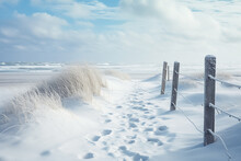 Coastal Hush: Footprints In Snow On The Desolate North Sea Beach