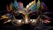 A close up of a mask with feathers on it. Mardi Gras decorative element.