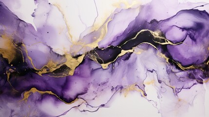 Poster - Abstract fluid art on white background with dark purple and gold colors