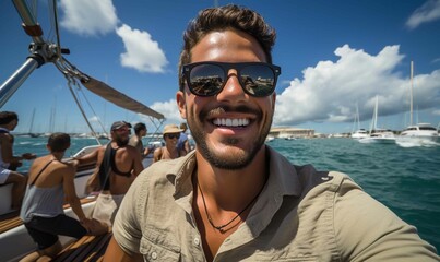 Wall Mural - A smiling, bearded young adult wearing sunglasses on a sailboat at sea.