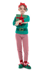 Poster - Cute little boy in elf costume with Christmas gift box isolated on white background