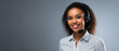 © Adriana - Call center, black young woman and smile in contact us with CRM, headset with mic and mockup space. Customer service, happy female and telemarketing with sales and help desk. gray background,