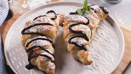 Canvas Print - Baked croissants with strawberry jam