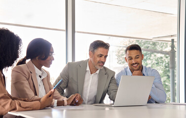 Aufkleber - Diverse business team people using laptop computer at office meeting. International professional executives group discussing digital data working on corporate financial development.
