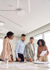 Aufkleber - Diverse executive business team people group working with paperwork standing at table, analyzing corporate strategy, reviewing plan managing financial project overview at office meeting, vertical.